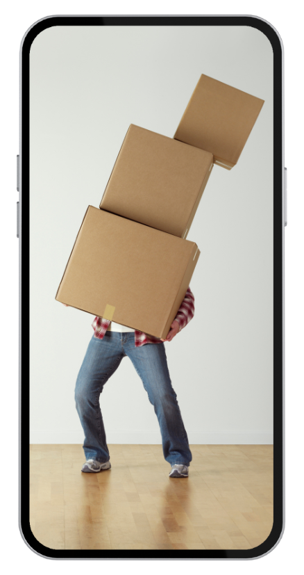 Móvil con una imagen de una persona sujetando cajas de una mudanza